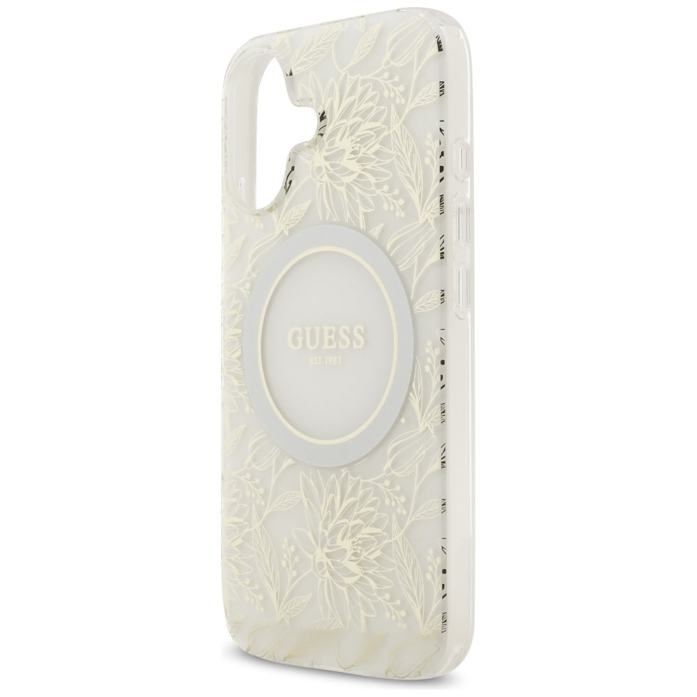 MagSafe-deksel for Apple iPhone 17, Guess, IML Flowers with Pearl Strap, Hvit