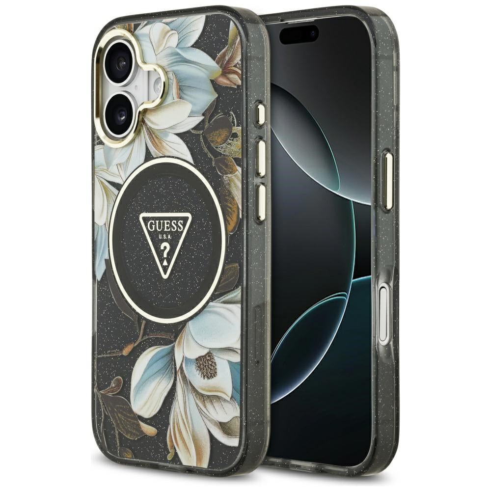 MagSafe-deksel for Apple iPhone 17, Guess, IML Metal Glitter Flowers Triangle, Svart