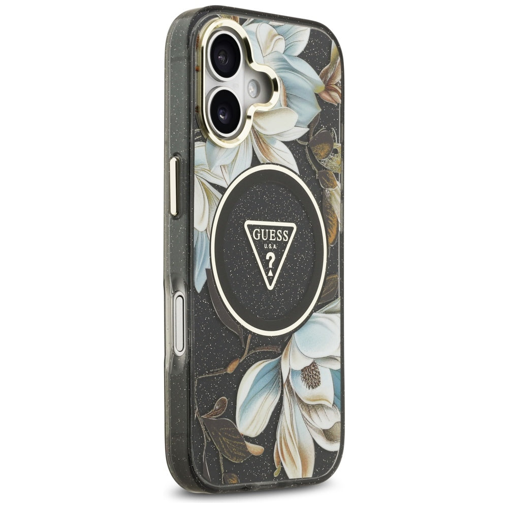MagSafe-deksel for Apple iPhone 17, Guess, IML Metal Glitter Flowers Triangle, Svart