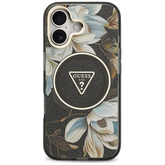MagSafe-deksel for Apple iPhone 17, Guess, IML Metal Glitter Flowers Triangle, Svart