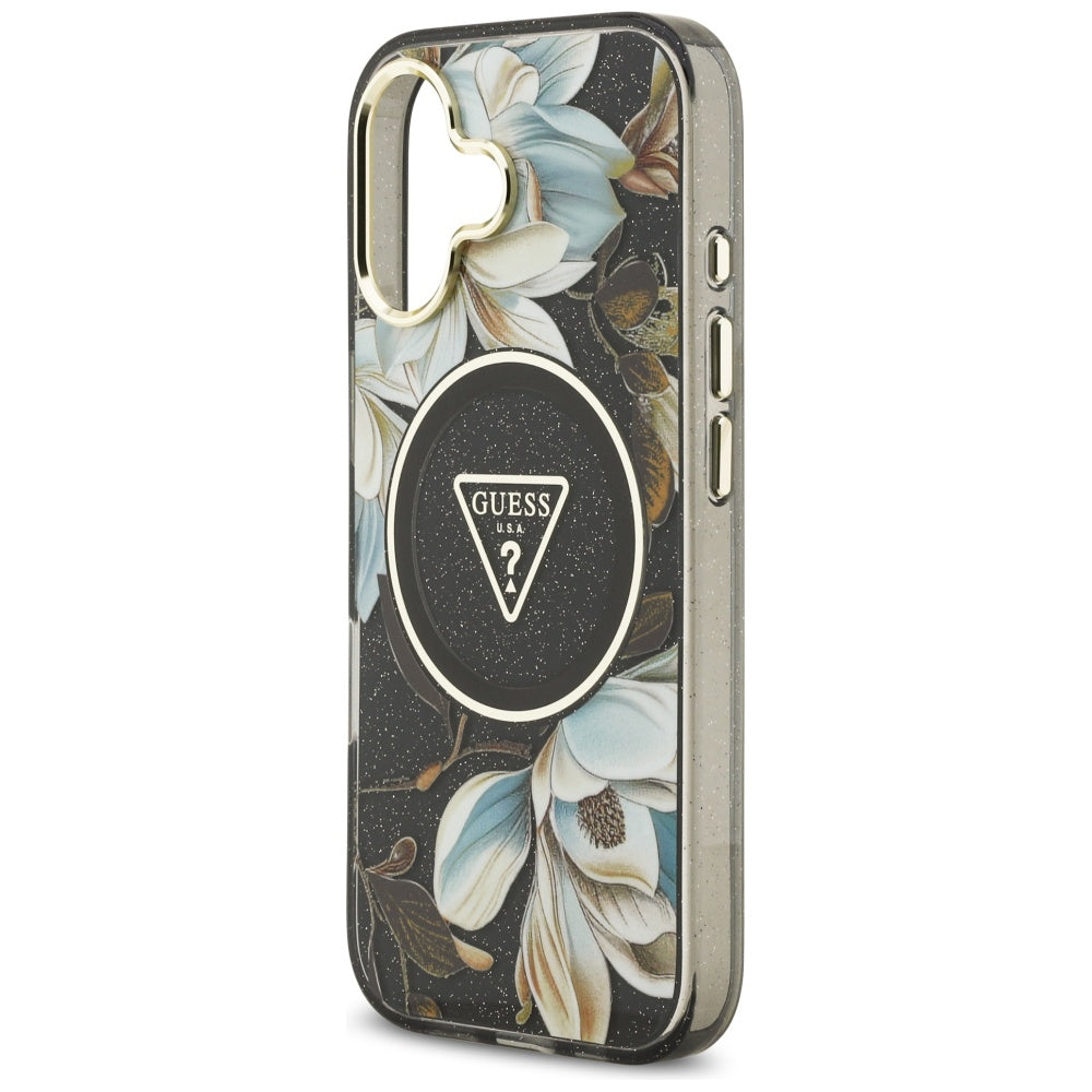 MagSafe-deksel for Apple iPhone 17, Guess, IML Metal Glitter Flowers Triangle, Svart