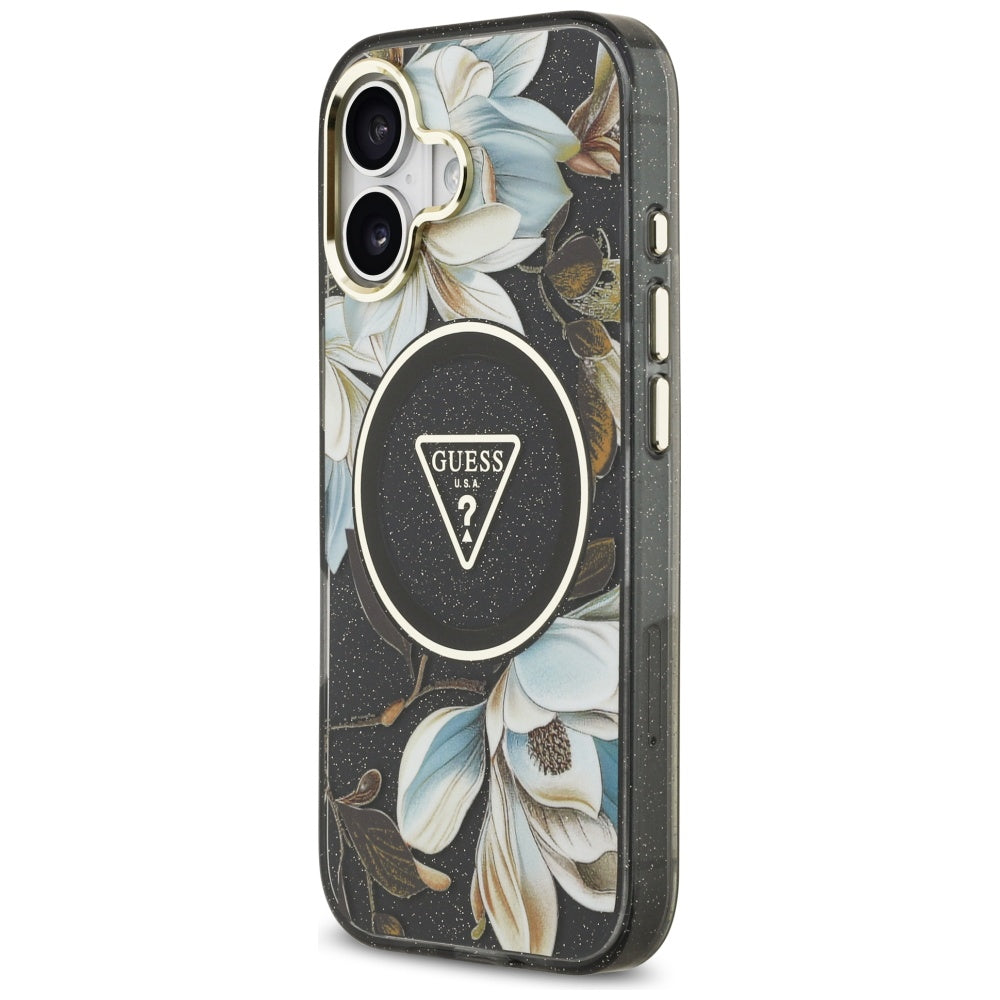 MagSafe-deksel for Apple iPhone 17, Guess, IML Metal Glitter Flowers Triangle, Svart