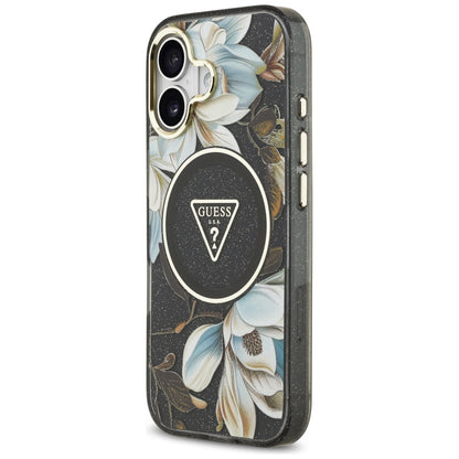 MagSafe-deksel for Apple iPhone 17, Guess, IML Metal Glitter Flowers Triangle, Svart