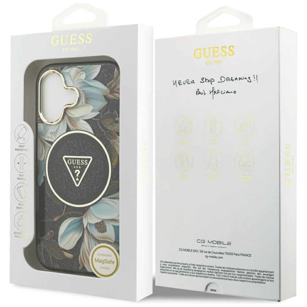 MagSafe-deksel for Apple iPhone 17, Guess, IML Metal Glitter Flowers Triangle, Svart