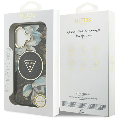 MagSafe-deksel for Apple iPhone 17, Guess, IML Metal Glitter Flowers Triangle, Svart