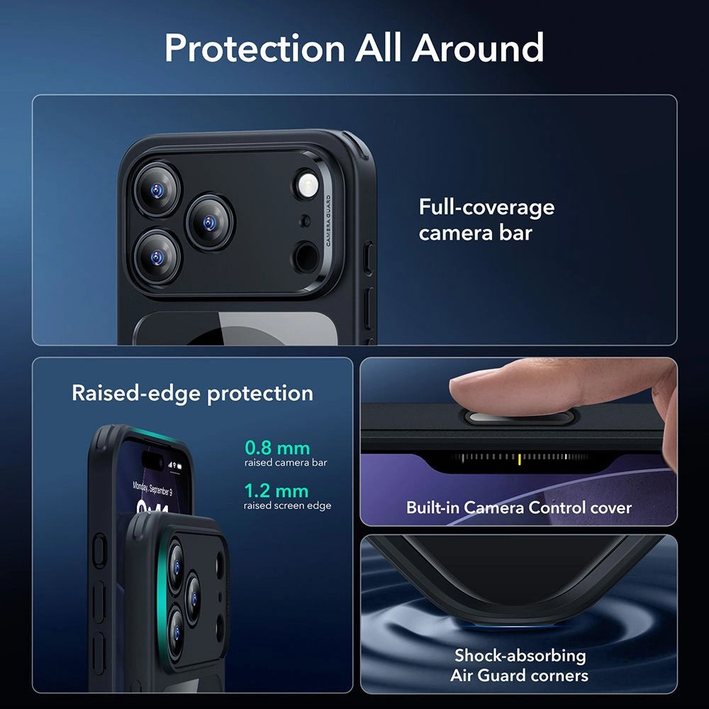 MagSafe-deksel for Apple iPhone 17 Pro, ESR, Classic Hybrid med skjermbeskytter, Gjennomsiktig Svart