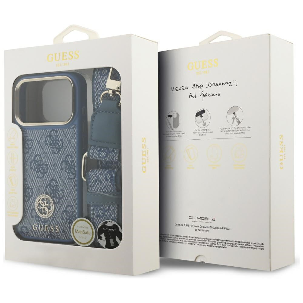 MagSafe-deksel for Apple iPhone 17 Pro, Guess, 4G Strass Logo with Big Strap, Blå