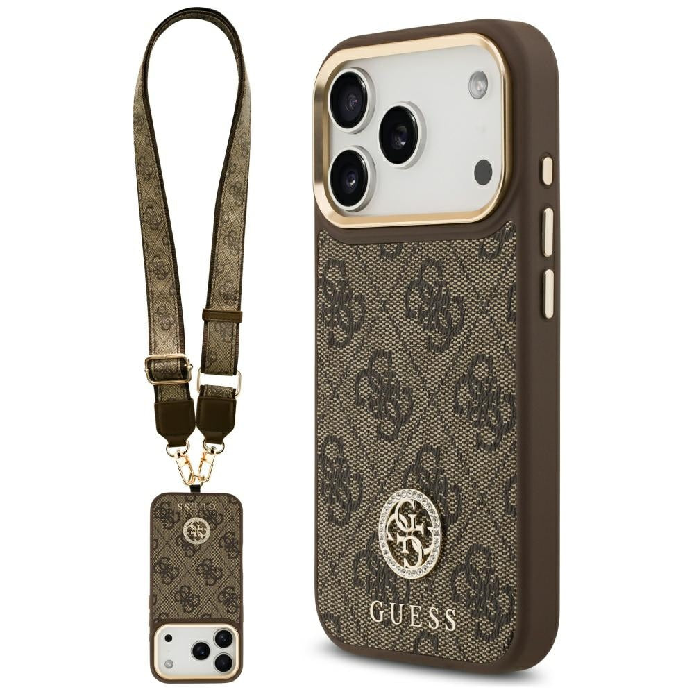 MagSafe-deksel for Apple iPhone 17 Pro, Guess, 4G Strass Logo med stor stropp, Brun