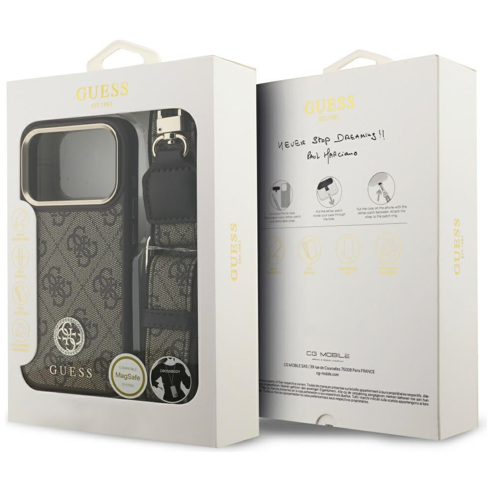 MagSafe-deksel for Apple iPhone 17 Pro, Guess, 4G Strass Logo med stor stropp, Brun