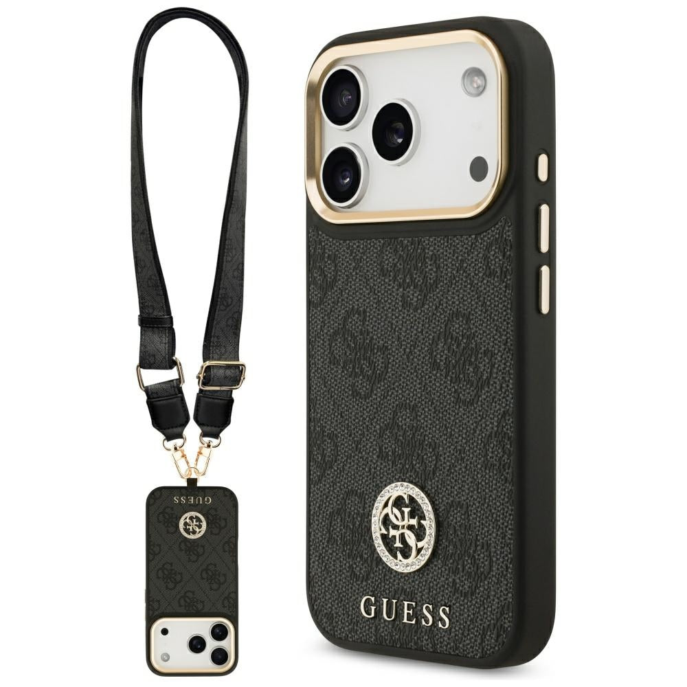 MagSafe-deksel for Apple iPhone 17 Pro, Guess, 4G Strass Logo med stor stropp, Svart