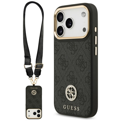 MagSafe-deksel for Apple iPhone 17 Pro, Guess, 4G Strass Logo med stor stropp, Svart
