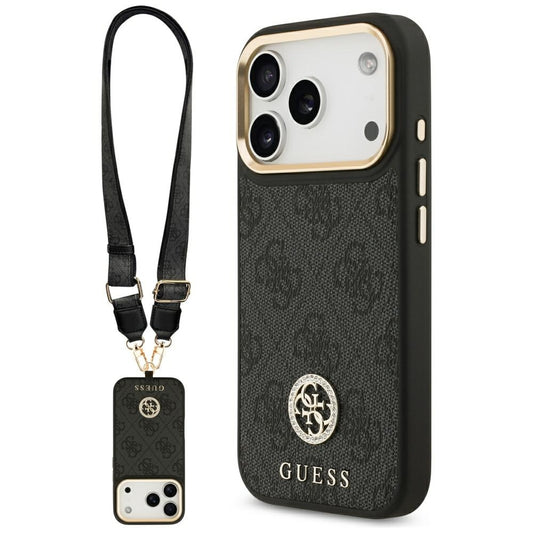 MagSafe-deksel for Apple iPhone 17 Pro, Guess, 4G Strass Logo med stor stropp, Svart