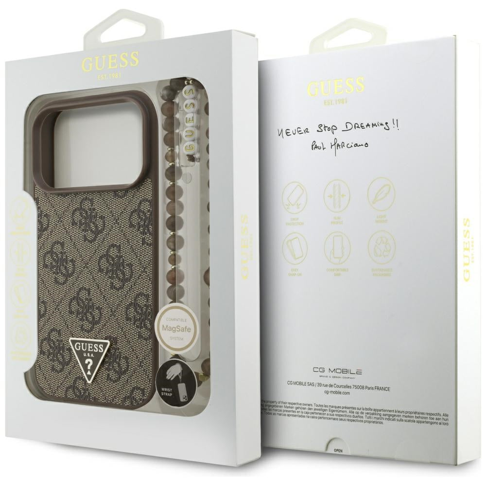 MagSafe-deksel for Apple iPhone 17 Pro, Guess, 4G Triangle Logo med perlestropp, Brun
