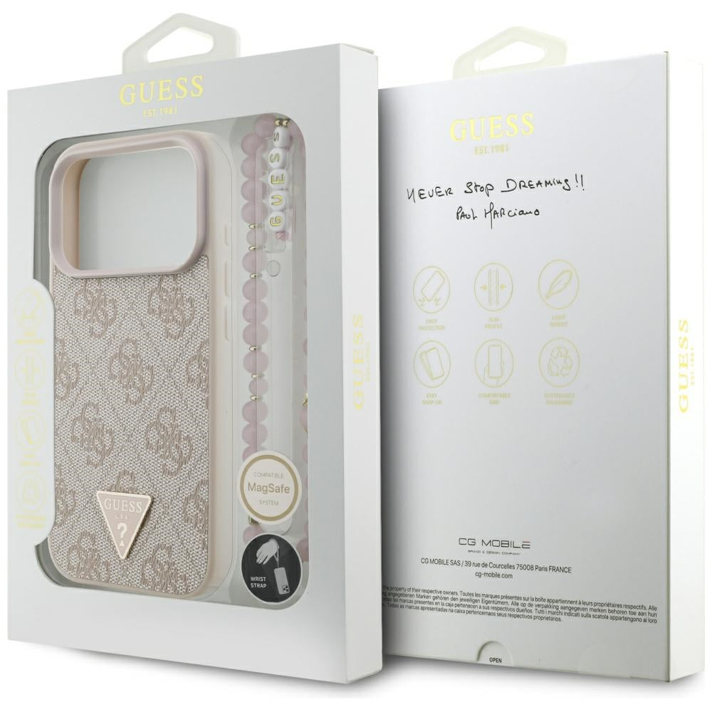 MagSafe-deksel for Apple iPhone 17 Pro, Guess, 4G Triangle Logo med Perle Stropp, Rosa
