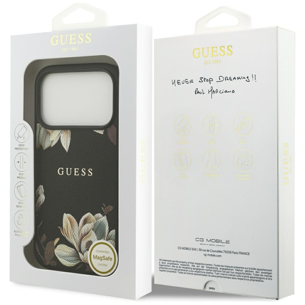 MagSafe-deksel for Apple iPhone 17 Pro, Guess, Grained Flowers, Svart