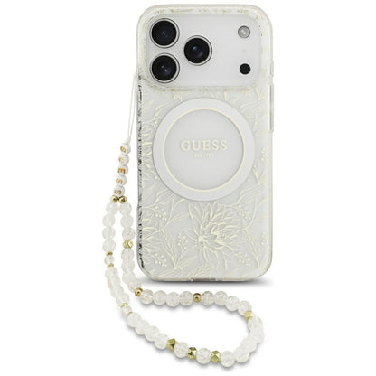MagSafe-deksel for Apple iPhone 17 Pro, Guess, IML Flowers Allover Electroplated with Pearl Strap, Hvit