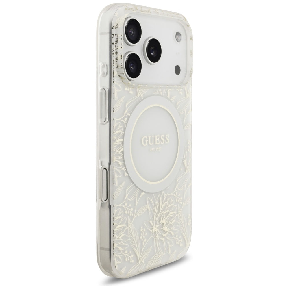 MagSafe-deksel for Apple iPhone 17 Pro, Guess, IML Flowers Allover Electroplated with Pearl Strap, Hvit