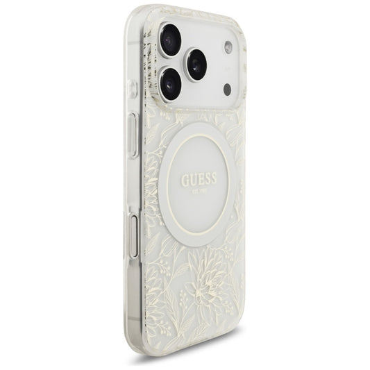 MagSafe-deksel for Apple iPhone 17 Pro, Guess, IML Flowers Allover Electroplated with Pearl Strap, Hvit