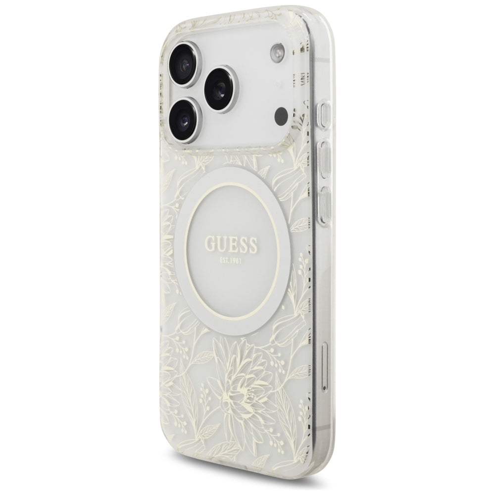 MagSafe-deksel for Apple iPhone 17 Pro, Guess, IML Flowers Allover Electroplated with Pearl Strap, Hvit