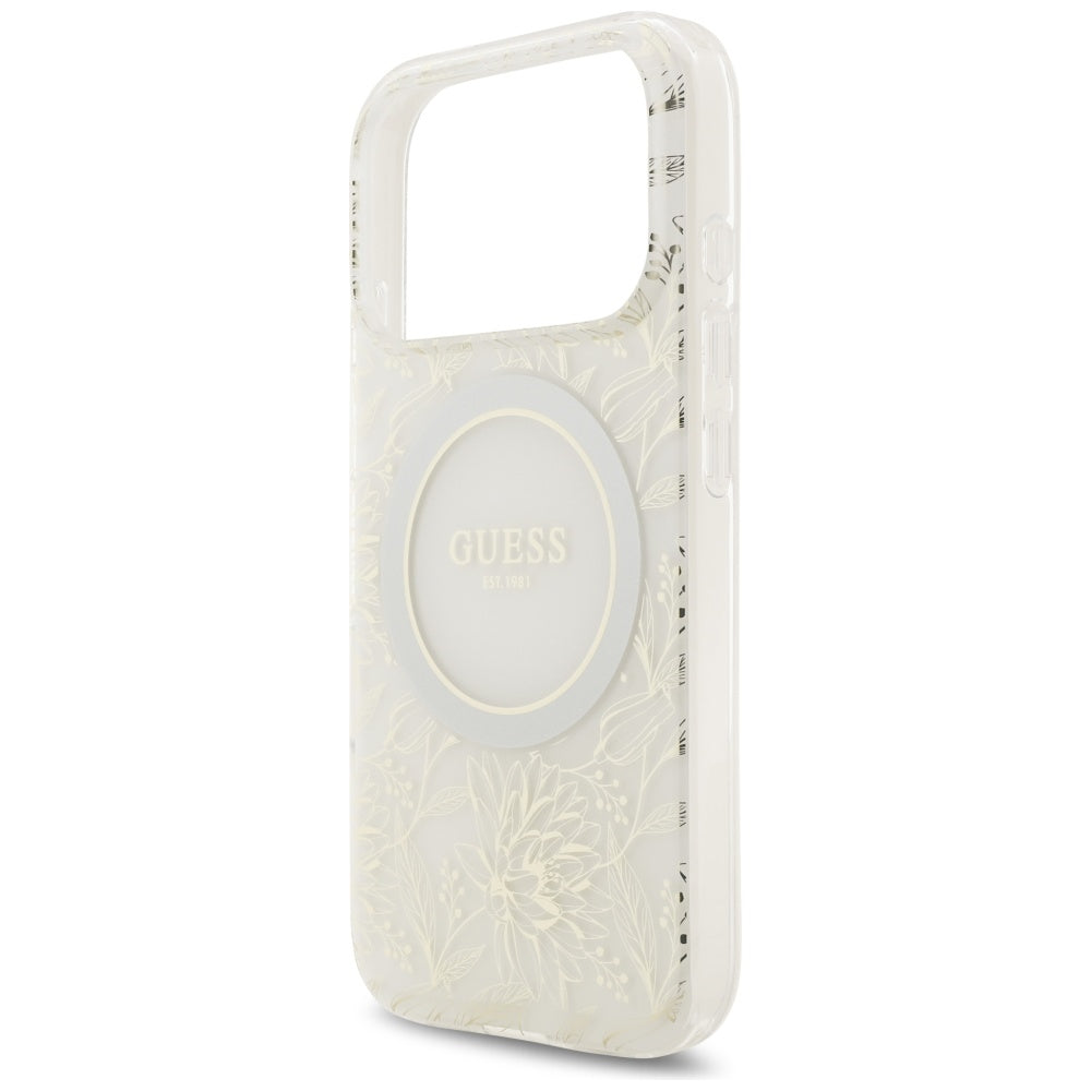 MagSafe-deksel for Apple iPhone 17 Pro, Guess, IML Flowers Allover Electroplated with Pearl Strap, Hvit