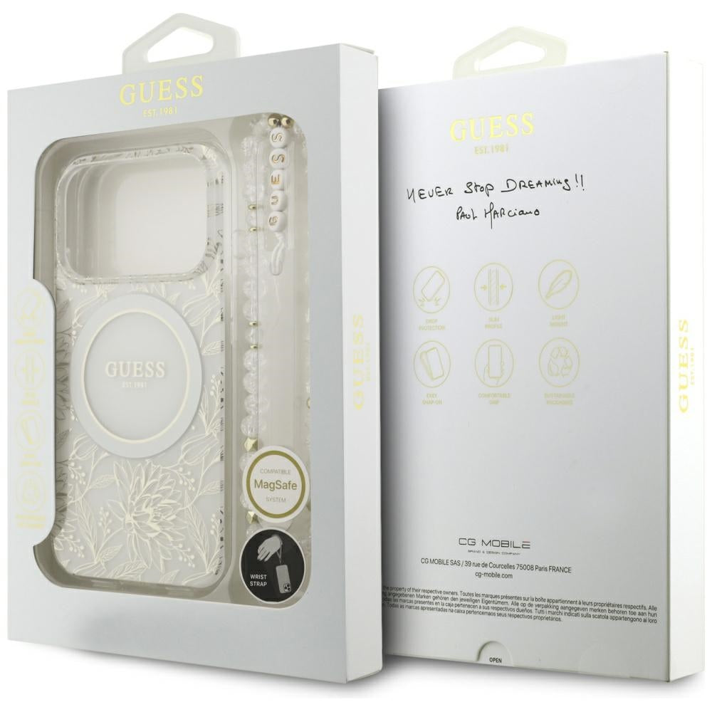 MagSafe-deksel for Apple iPhone 17 Pro, Guess, IML Flowers Allover Electroplated with Pearl Strap, Hvit