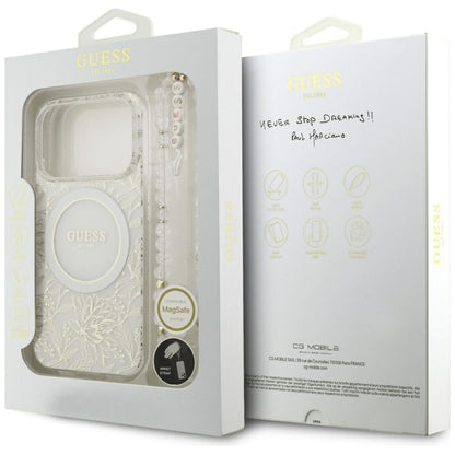 MagSafe-deksel for Apple iPhone 17 Pro, Guess, IML Flowers Allover Electroplated with Pearl Strap, Hvit