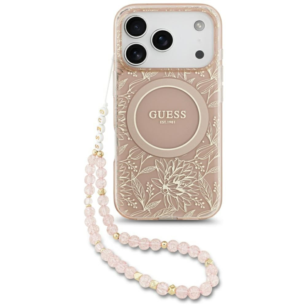 MagSafe-deksel for Apple iPhone 17 Pro, Guess, IML Flowers Allover Electroplated with Pearl Strap, Rosa