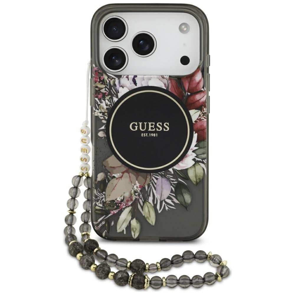 MagSafe-deksel for Apple iPhone 17 Pro, Guess, IML Flowers with Pearl Strap, Svart