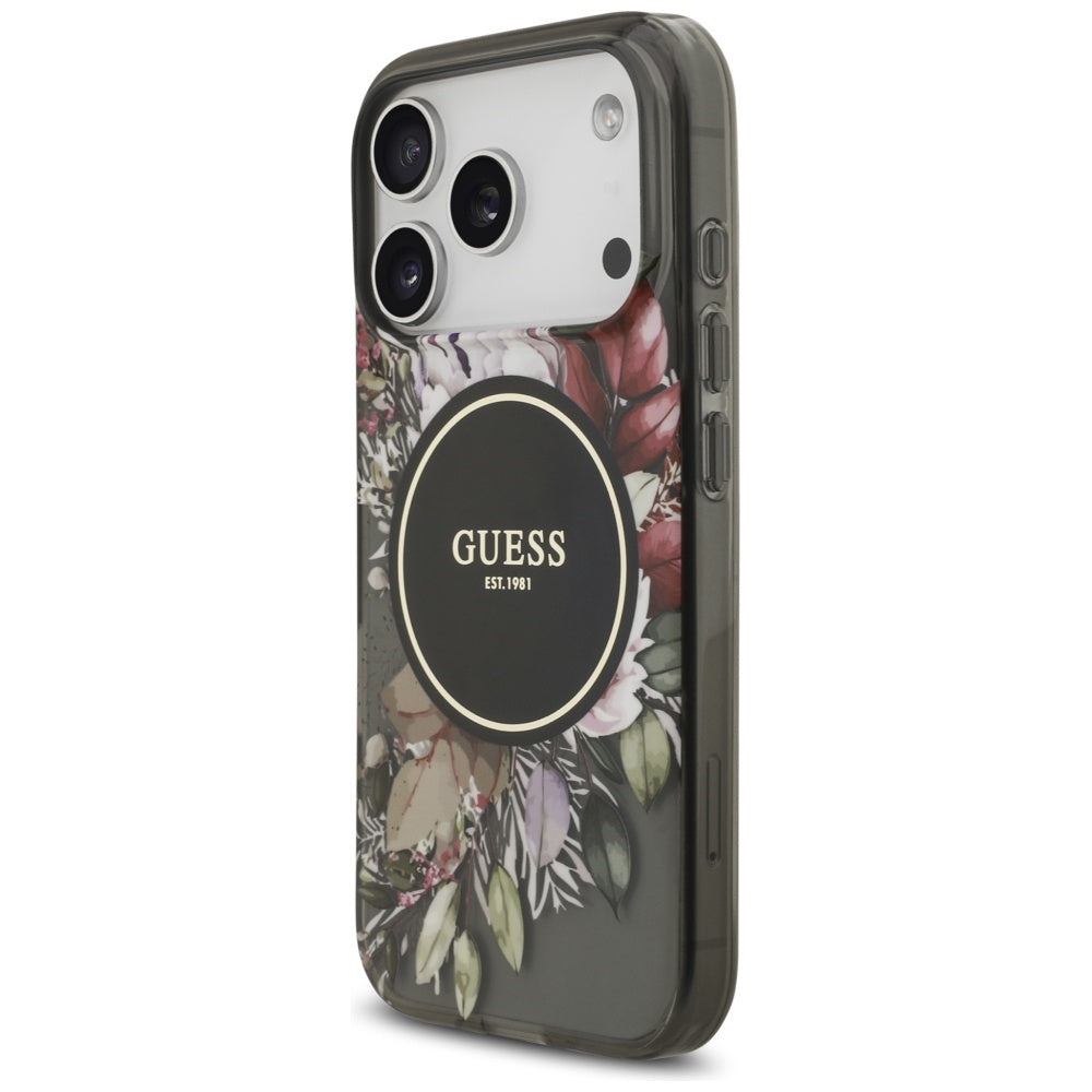 MagSafe-deksel for Apple iPhone 17 Pro, Guess, IML Flowers with Pearl Strap, Svart