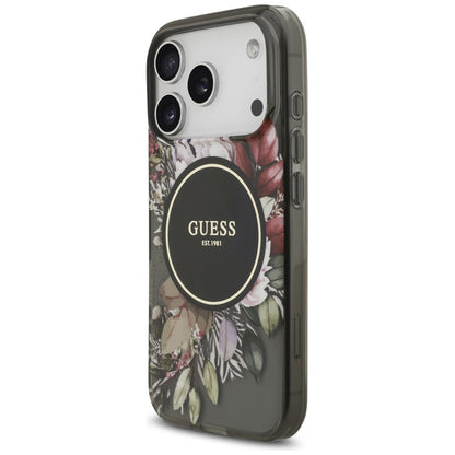 MagSafe-deksel for Apple iPhone 17 Pro, Guess, IML Flowers with Pearl Strap, Svart