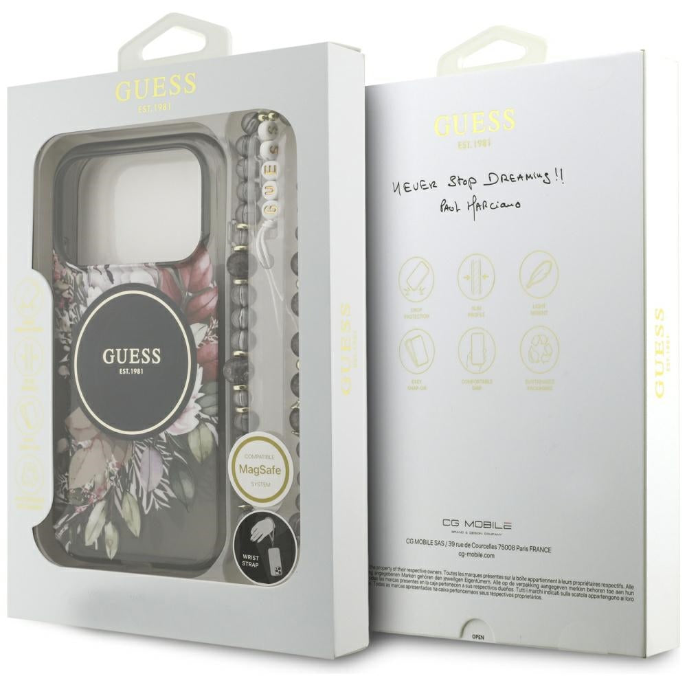 MagSafe-deksel for Apple iPhone 17 Pro, Guess, IML Flowers with Pearl Strap, Svart