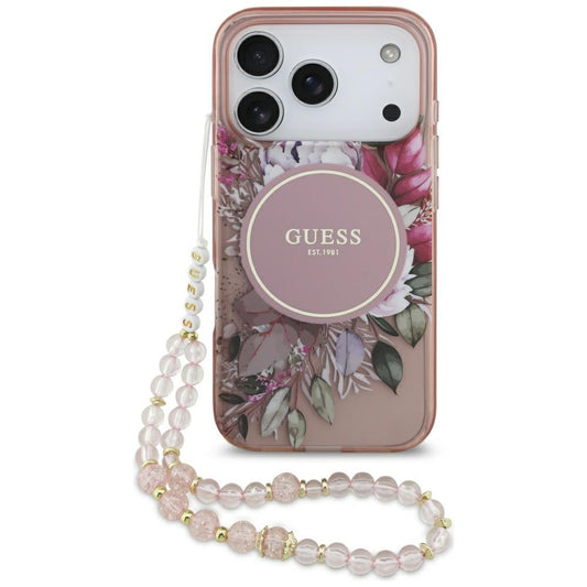 MagSafe-deksel for Apple iPhone 17 Pro, Guess, IML Flowers with Pearl Strap, Rosa