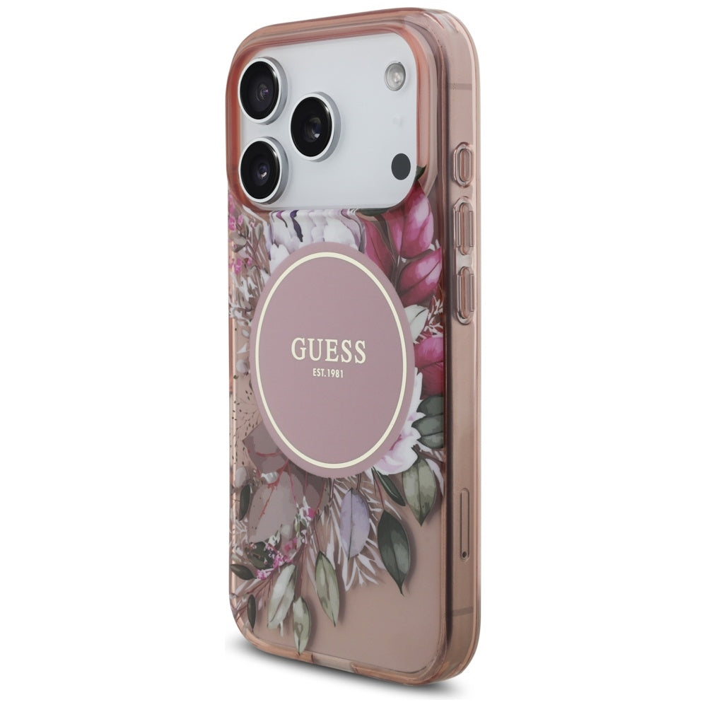 MagSafe-deksel for Apple iPhone 17 Pro, Guess, IML Flowers with Pearl Strap, Rosa