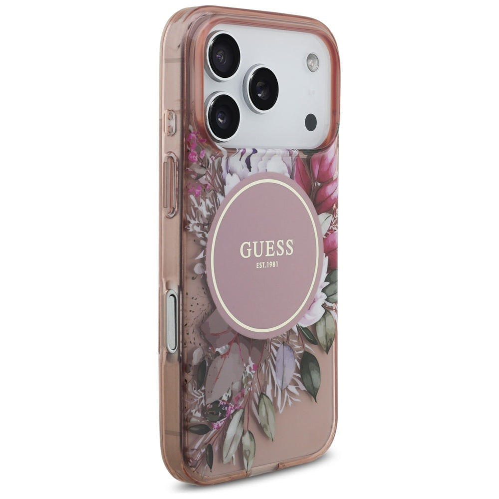 MagSafe-deksel for Apple iPhone 17 Pro, Guess, IML Flowers with Pearl Strap, Rosa