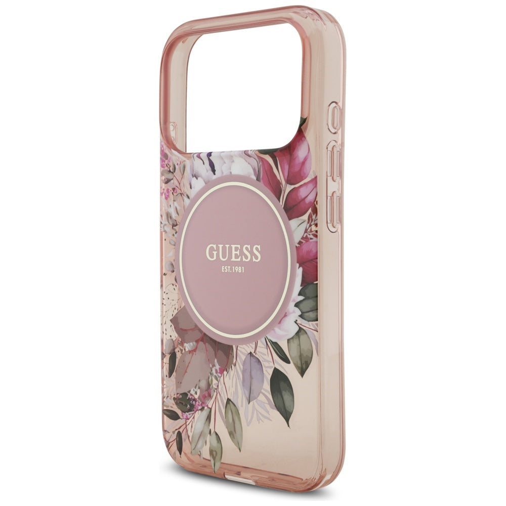 MagSafe-deksel for Apple iPhone 17 Pro, Guess, IML Flowers with Pearl Strap, Rosa