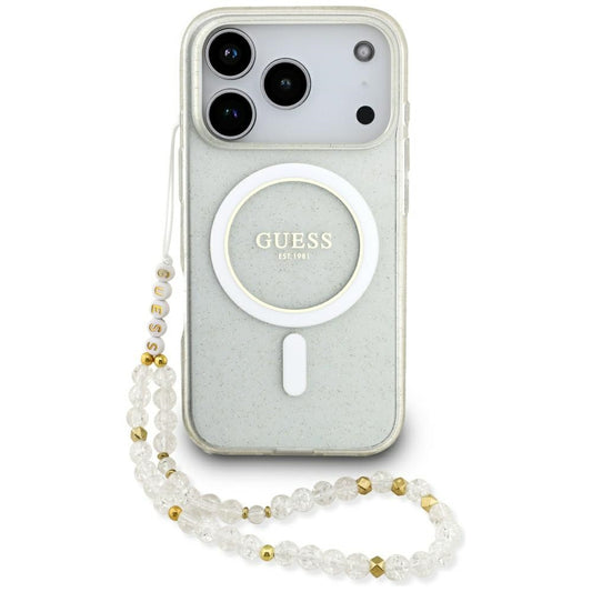 MagSafe-deksel for Apple iPhone 17 Pro, Guess, IML Glitter with Pearl Strap, Gjennomsiktig