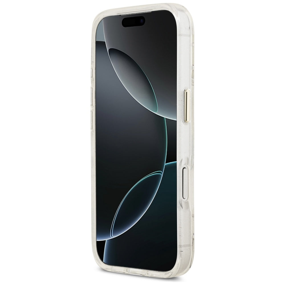 MagSafe-deksel for Apple iPhone 17 Pro, Guess, IML Metal Glitter Flowers Triangle, Hvit