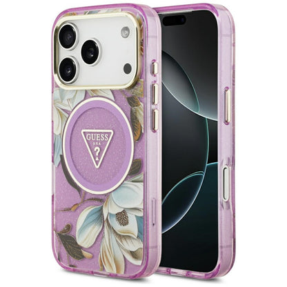 MagSafe-deksel for Apple iPhone 17 Pro, Guess, IML Metal Glitter Flowers Triangle, Lilla