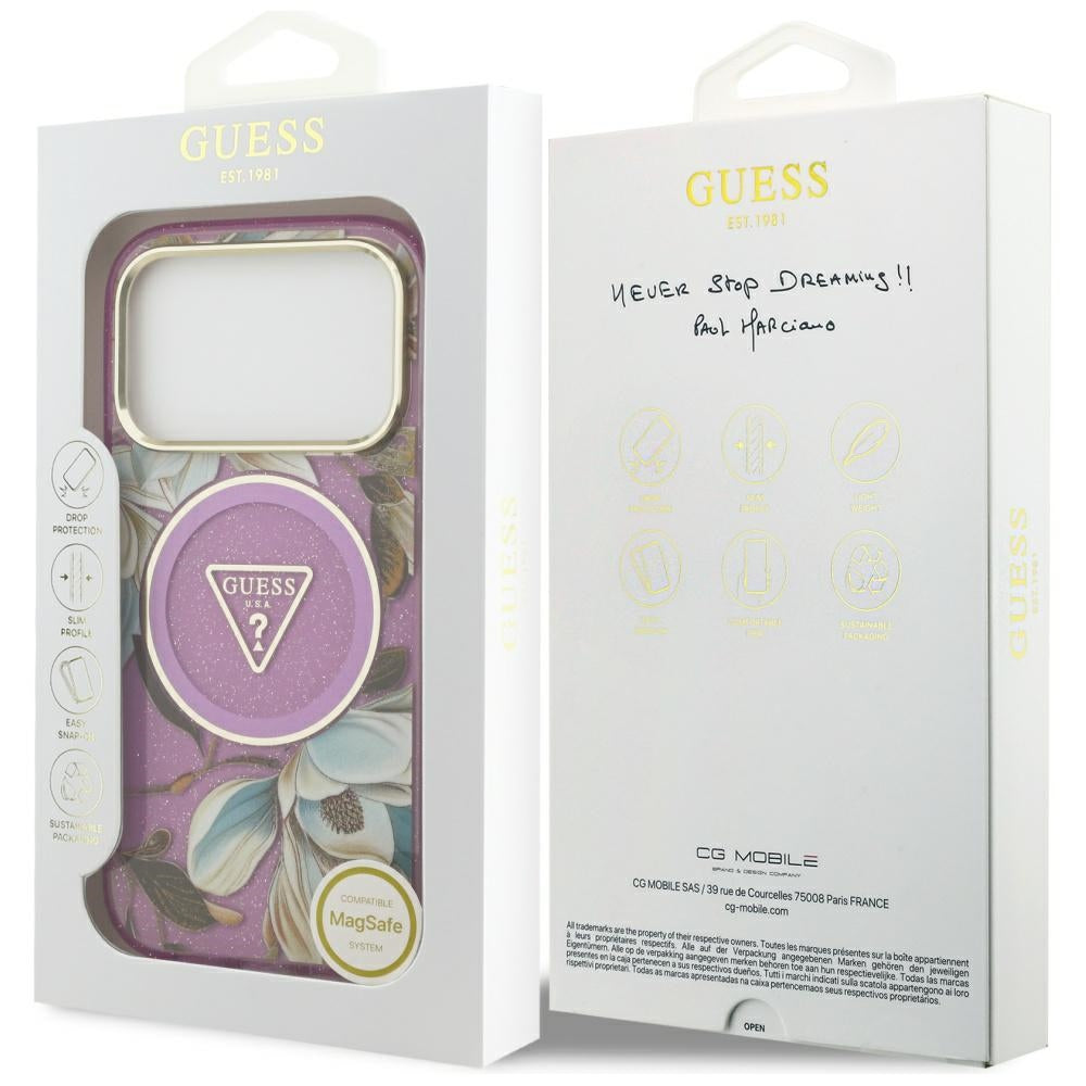 MagSafe-deksel for Apple iPhone 17 Pro, Guess, IML Metal Glitter Flowers Triangle, Lilla