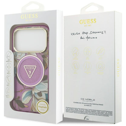 MagSafe-deksel for Apple iPhone 17 Pro, Guess, IML Metal Glitter Flowers Triangle, Lilla