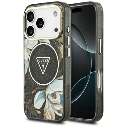 MagSafe-deksel for Apple iPhone 17 Pro, Guess, IML Metal Glitter Flowers Triangle, Svart
