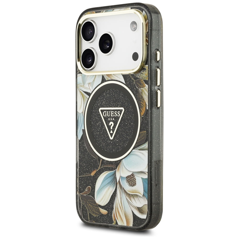 MagSafe-deksel for Apple iPhone 17 Pro, Guess, IML Metal Glitter Flowers Triangle, Svart