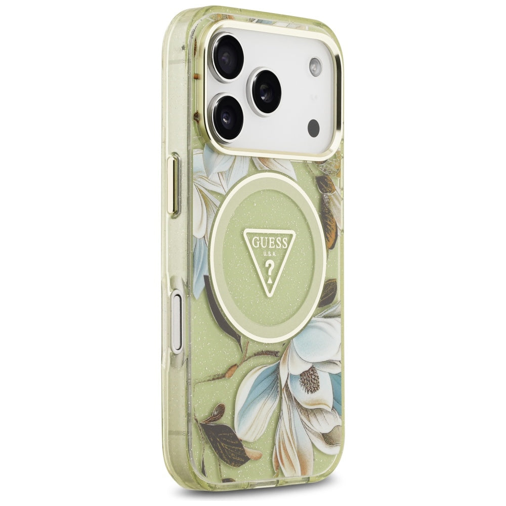 MagSafe-deksel for Apple iPhone 17 Pro, Guess, IML Metal Glitter Flowers Triangle, Grønn