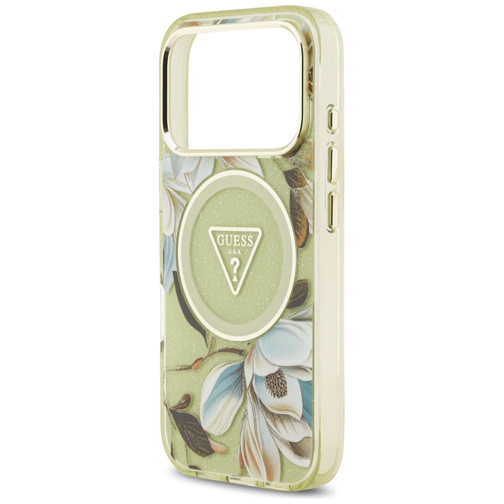 MagSafe-deksel for Apple iPhone 17 Pro, Guess, IML Metal Glitter Flowers Triangle, Grønn
