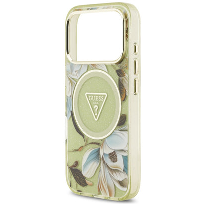 MagSafe-deksel for Apple iPhone 17 Pro, Guess, IML Metal Glitter Flowers Triangle, Grønn