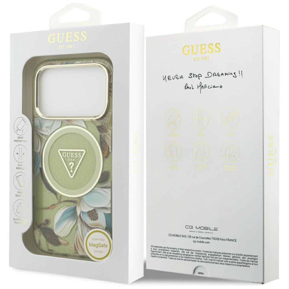 MagSafe-deksel for Apple iPhone 17 Pro, Guess, IML Metal Glitter Flowers Triangle, Grønn