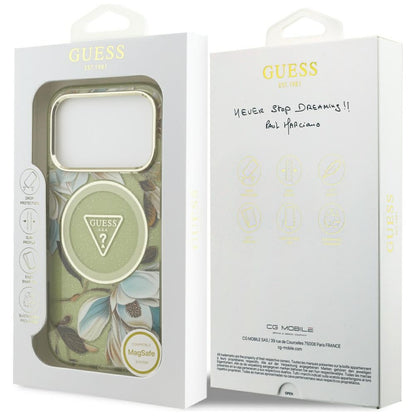 MagSafe-deksel for Apple iPhone 17 Pro, Guess, IML Metal Glitter Flowers Triangle, Grønn