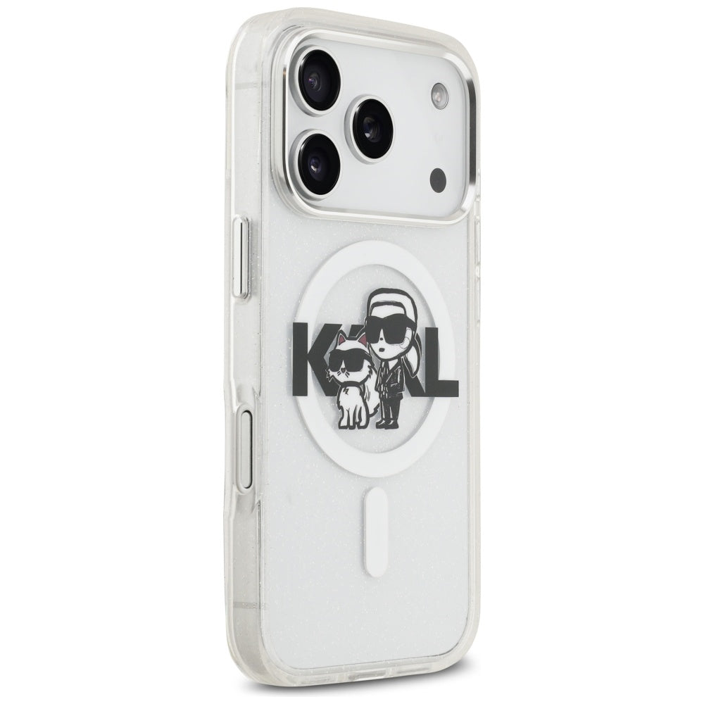 MagSafe-deksel for Apple iPhone 17 Pro, Karl Lagerfeld, IML Sketch Logo Glitter Karl & Choupette, Gjennomsiktig