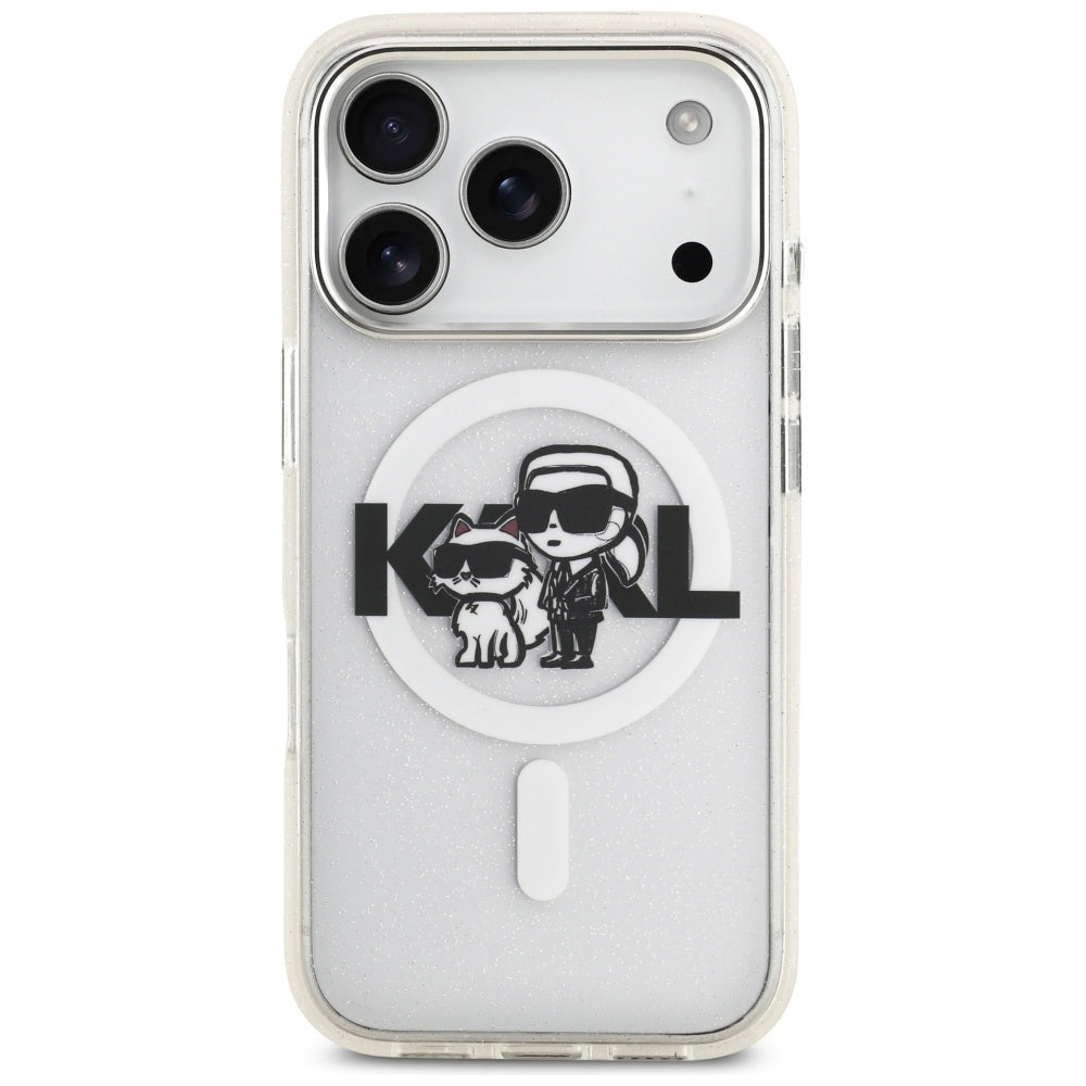 MagSafe-deksel for Apple iPhone 17 Pro, Karl Lagerfeld, IML Sketch Logo Glitter Karl & Choupette, Gjennomsiktig