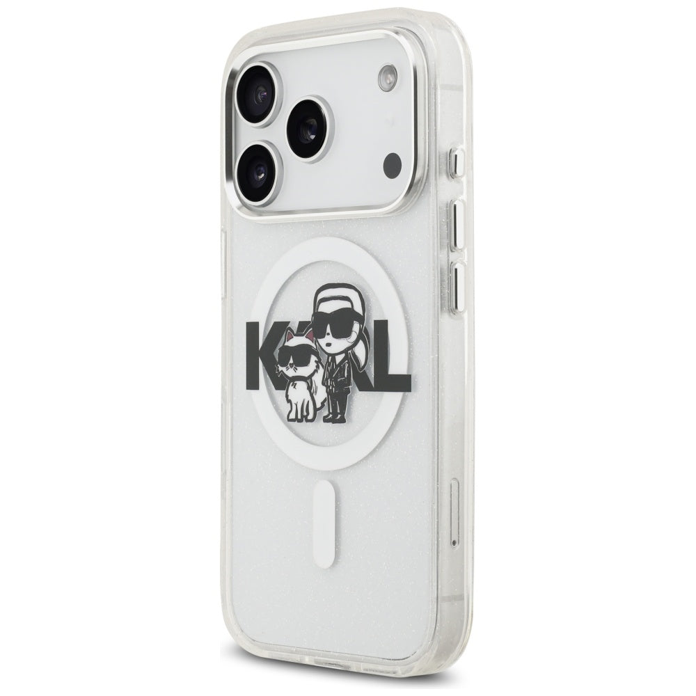MagSafe-deksel for Apple iPhone 17 Pro, Karl Lagerfeld, IML Sketch Logo Glitter Karl & Choupette, Gjennomsiktig